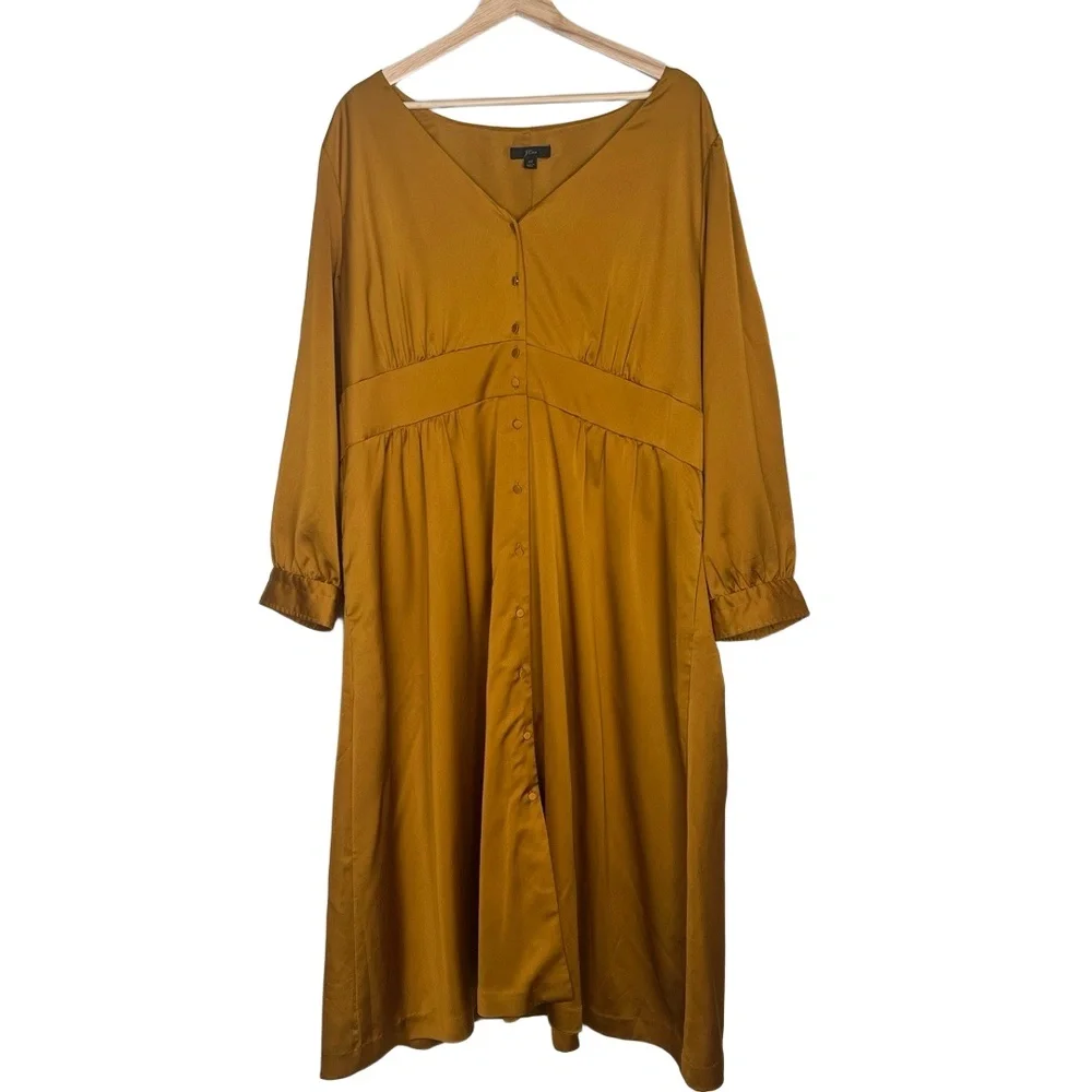 J.Crew Womens Dress 22 Orange Satin V-Neck‎ Button Front Wedding Guest Pockets